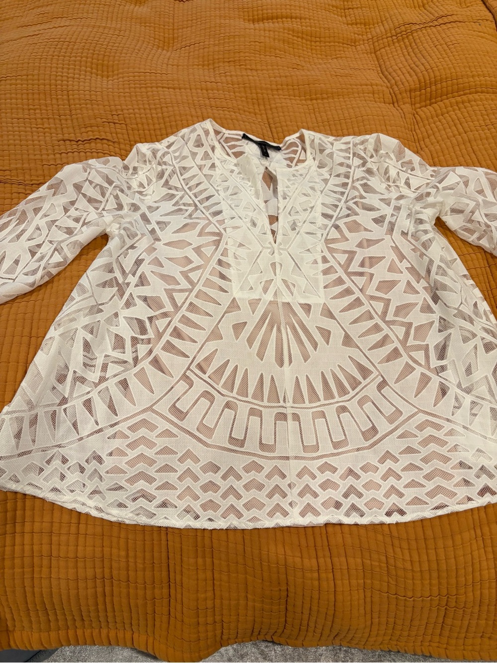 BCBGMaxAzria White Geometric Lace Peasant Blouse